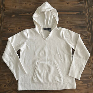 Women’s Relativity White Knit Hoodie Sweater M V-Neck Kangaroo Pocket